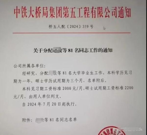 中铁大桥局回应硕士工资2200元