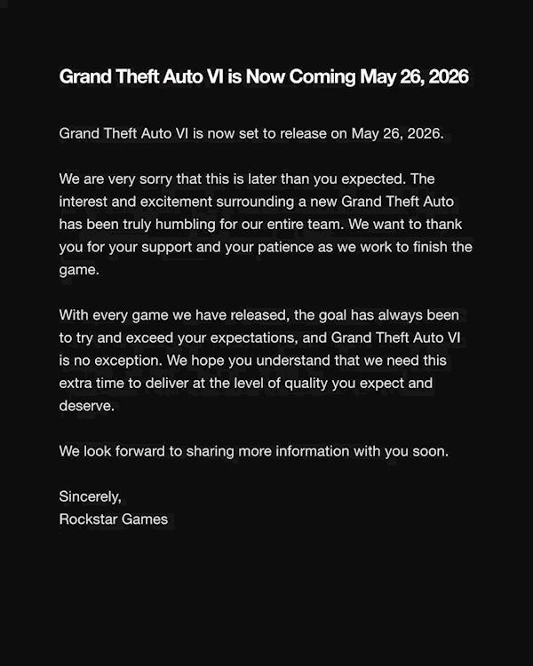 《GTA6》跳票到5月26日发售