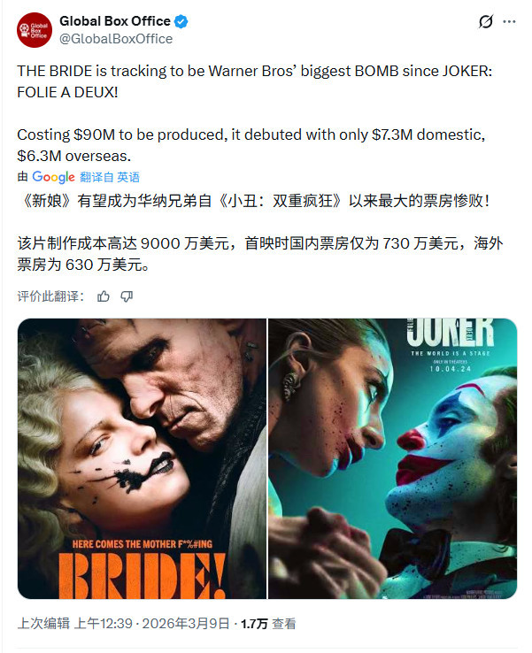 惊天大扑！华纳《暗黑新娘》电影北美开画仅730万美元