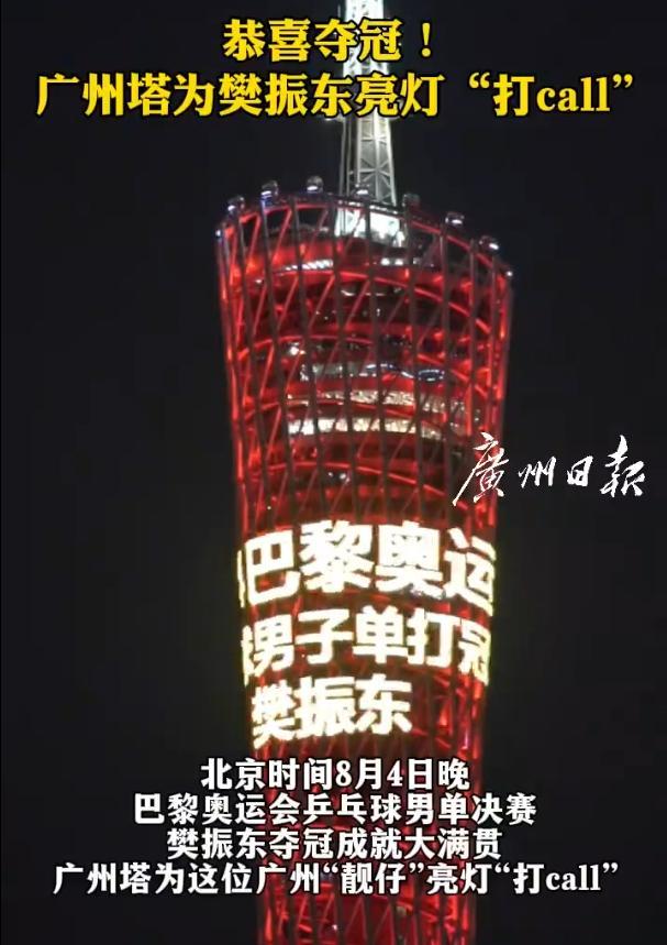 樊振东一夜涨粉超30万 广州塔、五角场为他亮灯 体育精神闪耀都市夜空