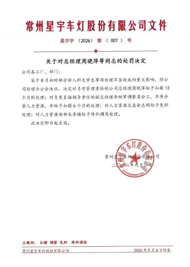 星宇又惹麻烦了!被处罚的人力总监早已离任,疑似“背锅侠”