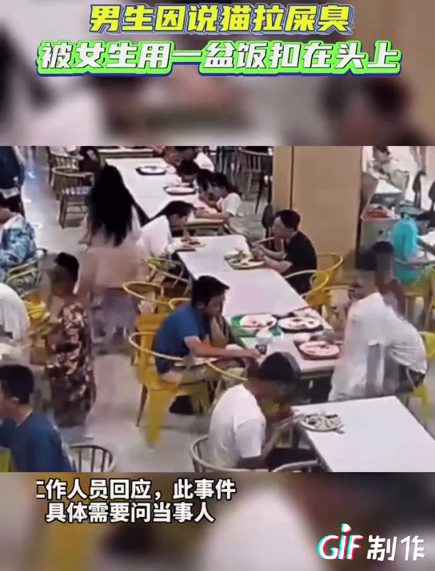 男生说猫屎很臭，被食堂里隔壁爱猫女生泼饭
