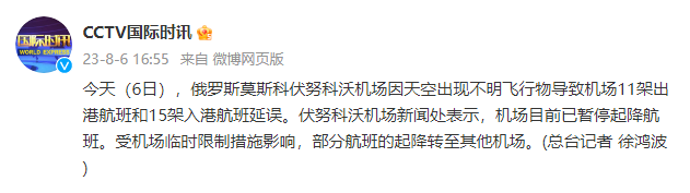 莫斯科伏努科沃机场出现不明飞行物 致11架出港航班和15架入港航班延误