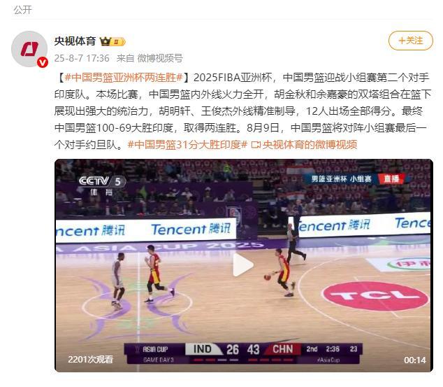 100-69！中国男篮大胜印度夺2连胜
