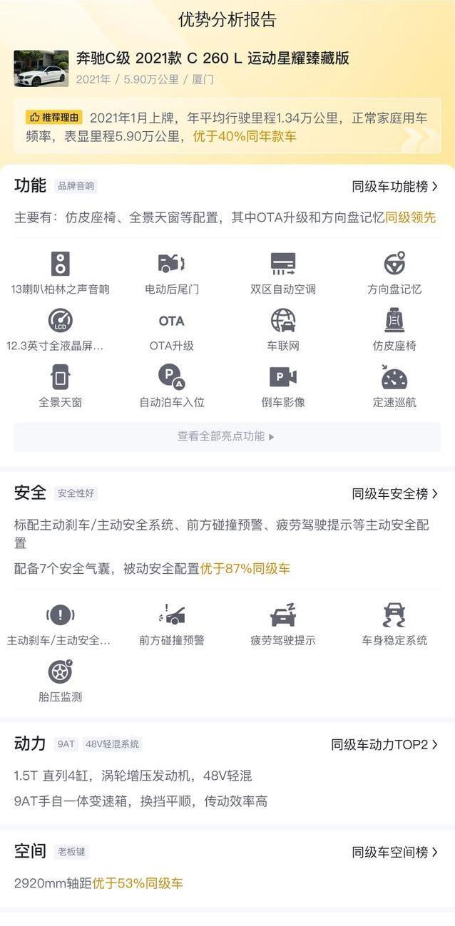 21年奔驰C级5万公里，18万买豪华车，值不值？