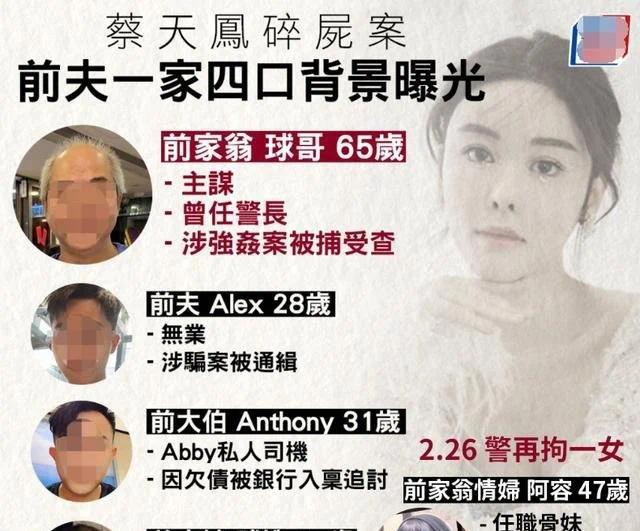 蔡天凤碎尸案第5名疑凶被捕:系前公公情妇