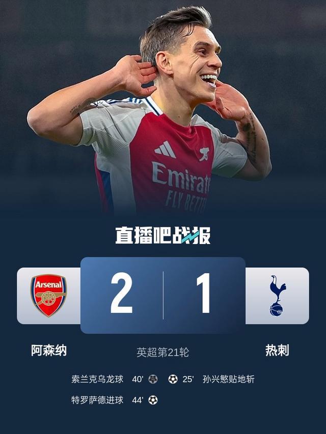 英超：阿森纳2-1热刺重回第2 争议角球造乌龙 孙兴慜贴地斩