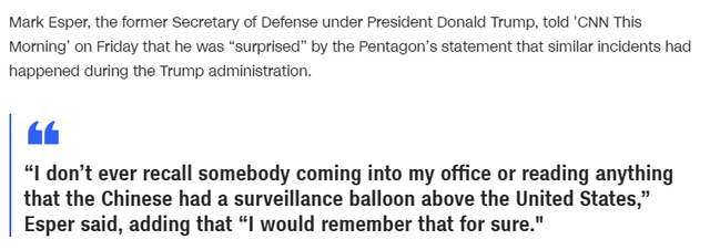 “特朗普时期中国气球3次飞越美国”——美国前防长懵了：有这回事？