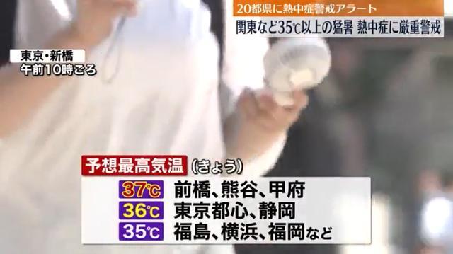日本20个都县发中暑警报 多地气温超35度日媒称酷暑天气已达“危险”程度