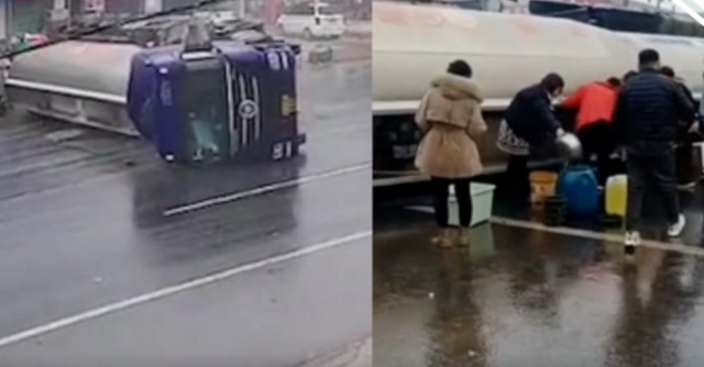 官方回应油罐车侧翻遭居民哄抢油品 现场混乱众人拿盆抢油