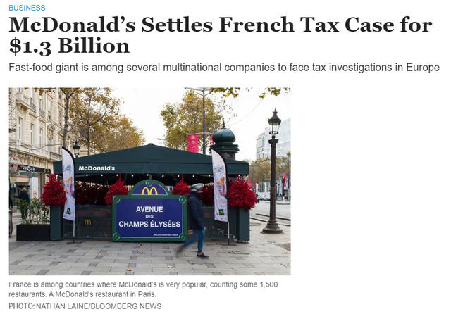 麦当劳在法国因税务问题遭罚87亿 涉嫌不正当逃税
