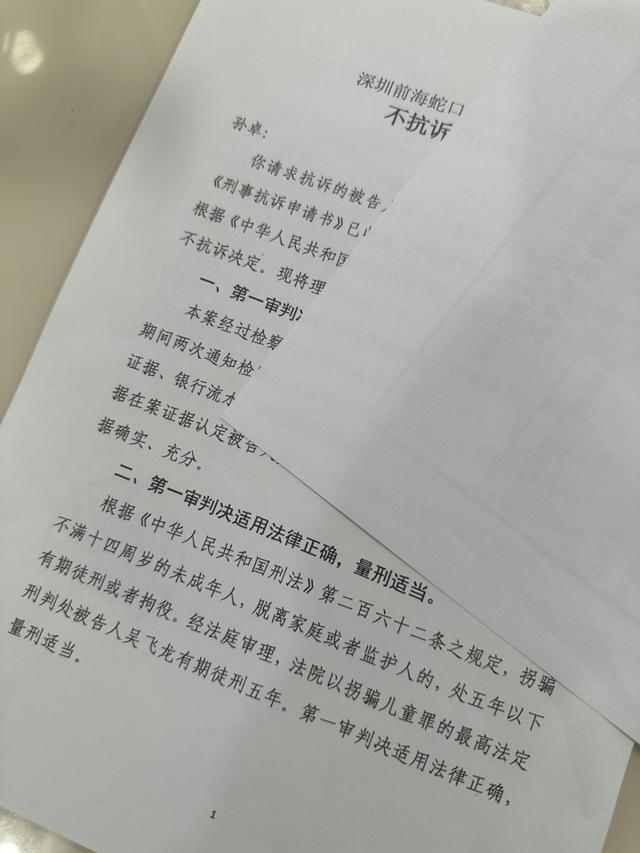 孙卓被拐案抗诉被驳回 孙海洋向记者展示了《不抗诉理由说明书》