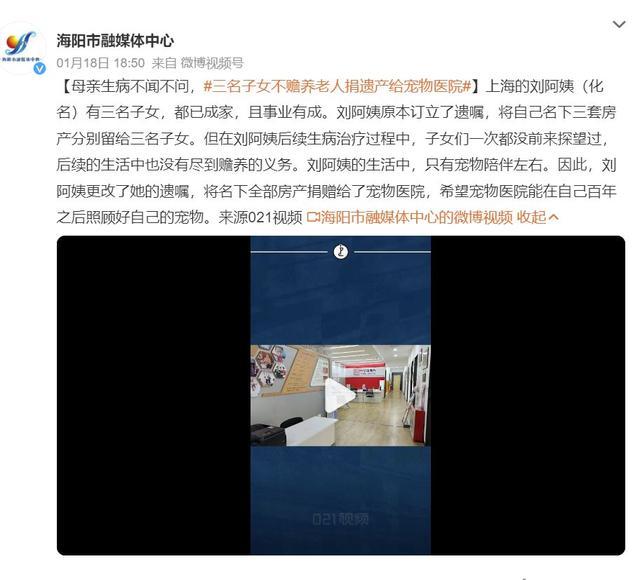 上海阿姨把3套房赠予宠物医院 给不孝儿女一次教训