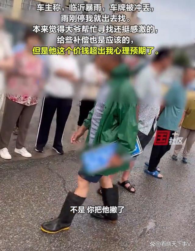 大爷暴雨后捡车牌索要200元好处费 女子机智应对引热议