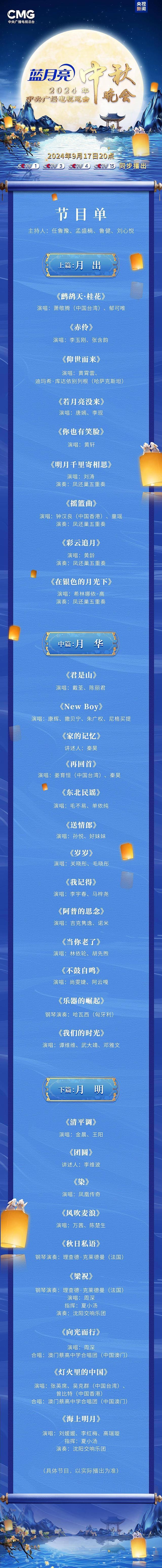 央视中秋晚会节目单公布