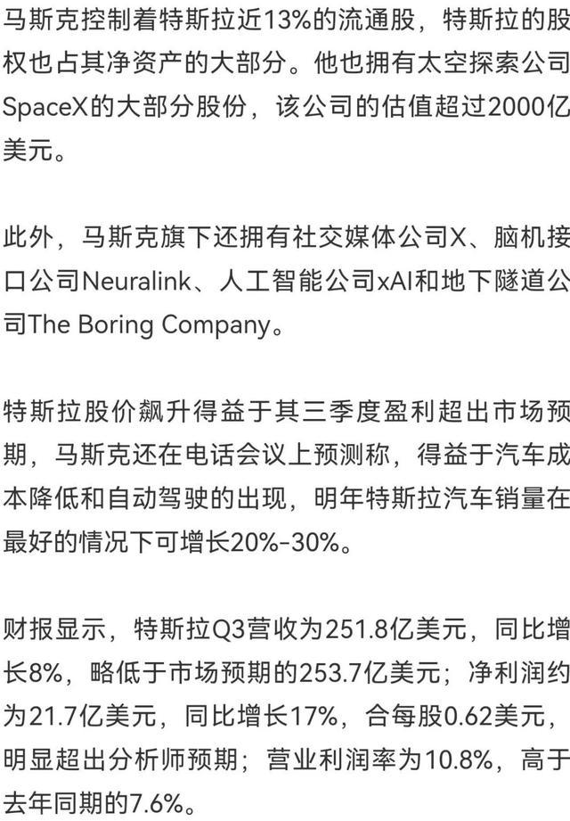 马斯克财富一夜爆增 特斯拉股价创11年最佳表现