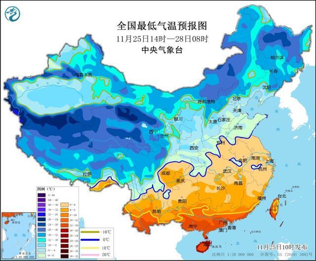 中央气象台25日继续发布寒潮黄色预警 中东部大部降温显著