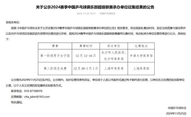 2024乒超总决赛上海举行 年末巅峰对决