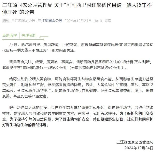 官方通报网红狼被货车压死 事件引发关注