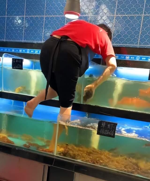 女子光脚踩水族箱擦玻璃 超市回应