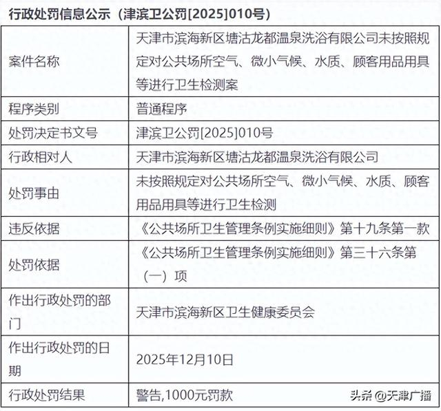 天津一洗浴中心被警告 卫生检测违规