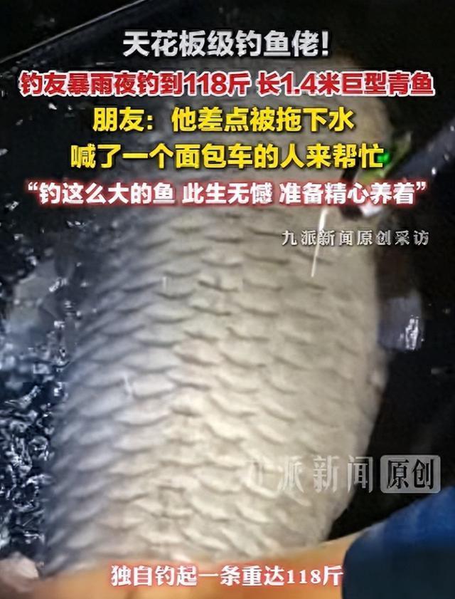 钓友暴雨夜钓到118斤巨型青鱼