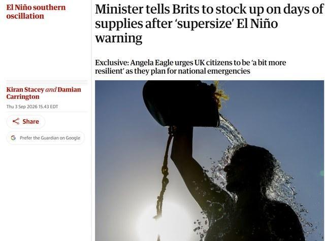 英国政府要求民众提前存粮存水 应对极端天气预警