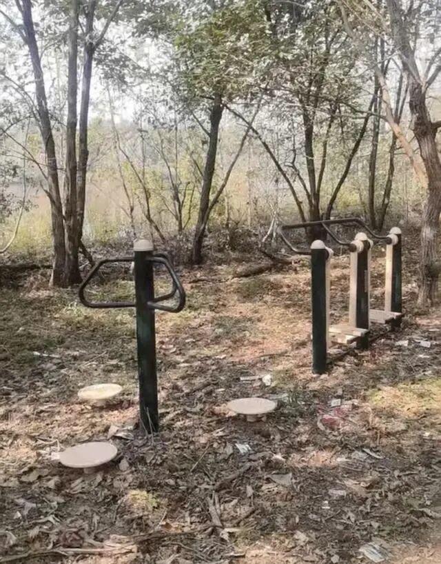 河南一村子在荒郊野地安装健身器材