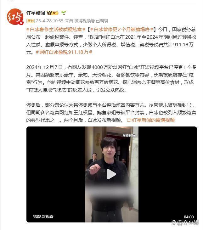 网红白冰驾驶百万级跑车探店 偷税漏税911万