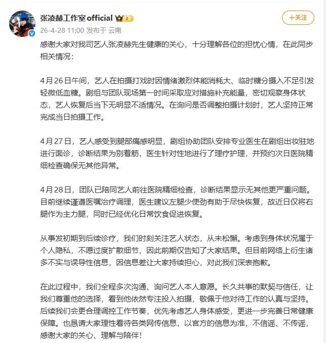 曝张凌赫低血糖摔倒 工作室回应 艺人坚持完成拍摄