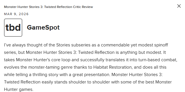 《怪物猎人物语3：命运双龙》M站86分：情节跌宕 巅峰之作