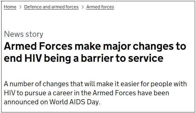 英国国防部：允许艾滋病感染者入伍