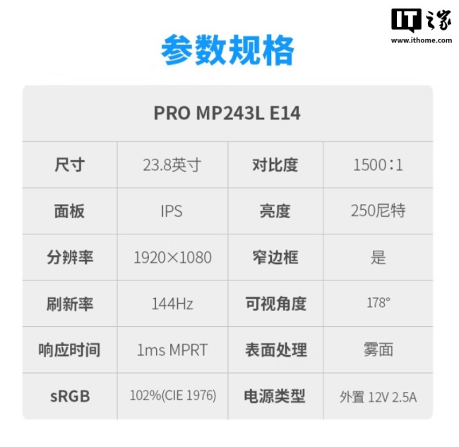 1080P 144Hz,549 元微星推出 23.8 英寸显示器“PRO MP243L E14”