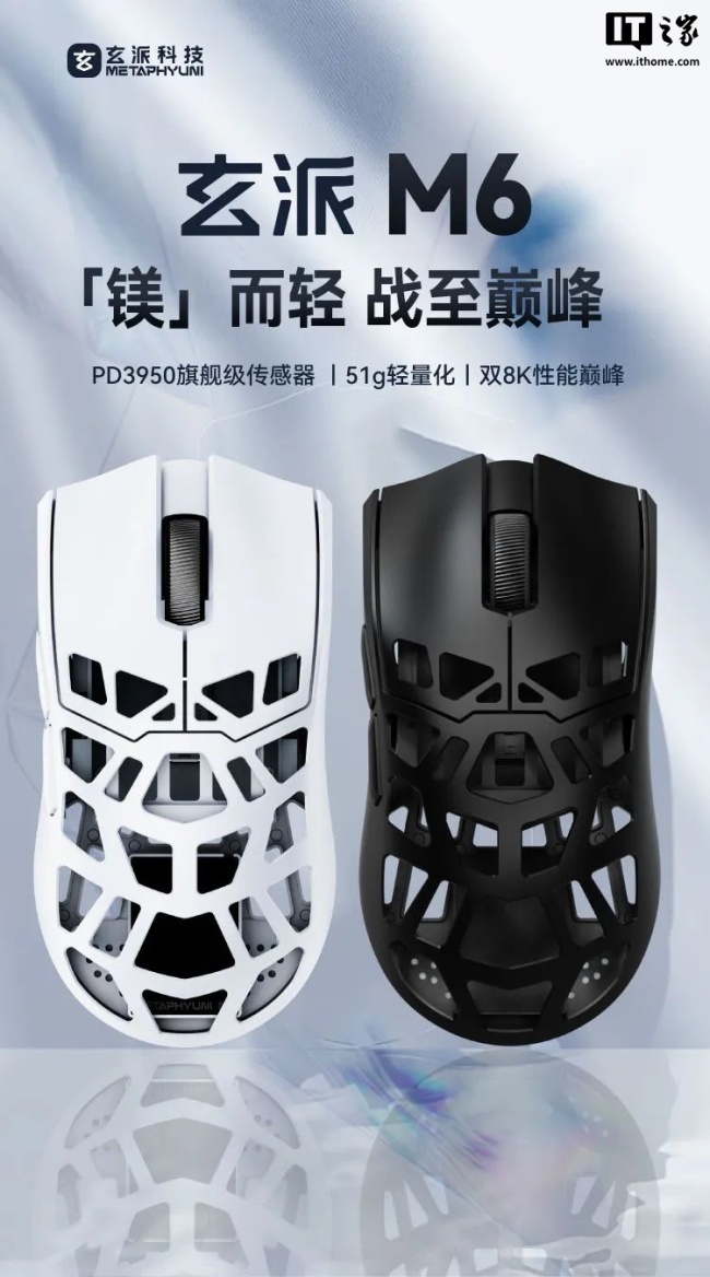 玄派 M6 无线鼠标黑色款上市：PD3950 传感器、双 8K 回报率，首发 499 元