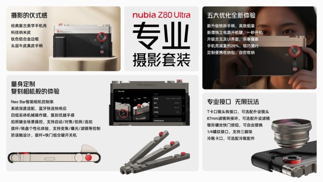 努比亚 Z80 Ultra 专属摄影套装细节公布：对比前代减重 26%、自带 1/4 标准螺纹接口接三脚架等