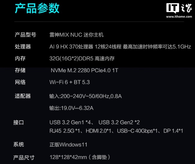 雷神 MIX NUC 迷你主机配置上新：AMD 锐龙 AI 9 HX 370，售价 6999 元