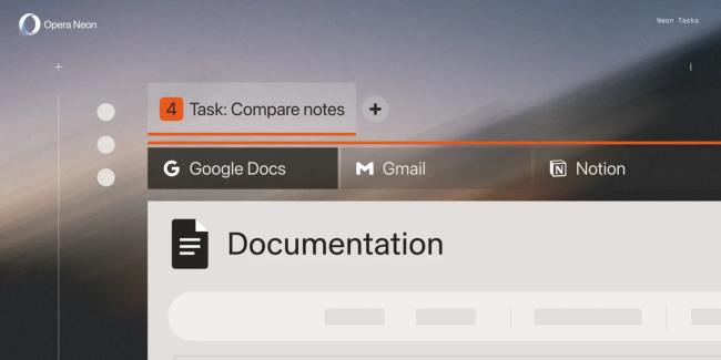 Opera 更新 Neon 浏览器:引入 1 分钟深度研究、支持 AI 操作文档、集成 Gemini 3 Pro