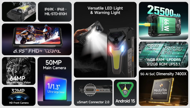 Ulefone 推出新款三防手机 Armor 34 Pro+：150 流明 100 英寸投影、25500mAh 电池