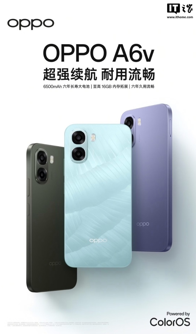 OPPO A6v 手机开售：6500 毫安时电池、天玑 6300 + 8G + 256G 售 1199 元