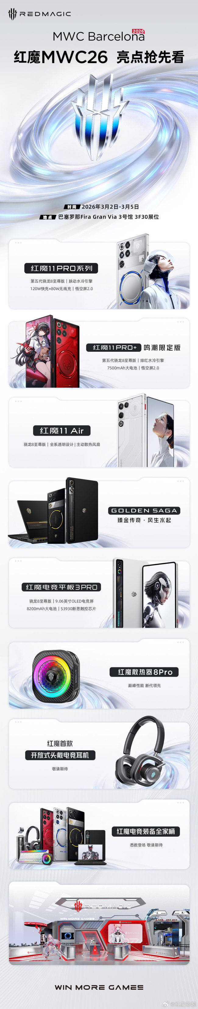 红魔 MWC 2026 亮点抢先看,含散热器 8 Pro、品牌首款开放式头戴电竞耳机等