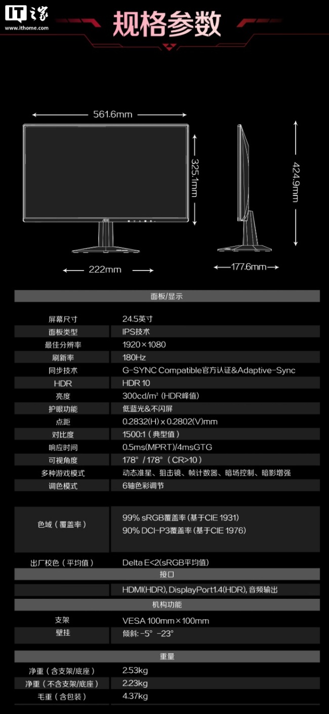AOC 25G51F 显示器开售：24.5 英寸 1080P 180Hz IPS 面板，529 元
