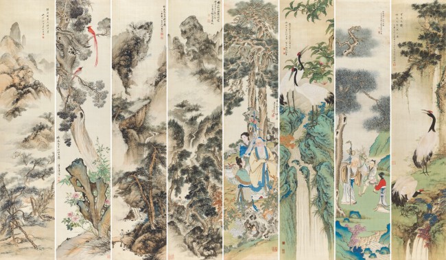 启功、田世光、徐操等京都八条屏设色绢本立轴1947年作