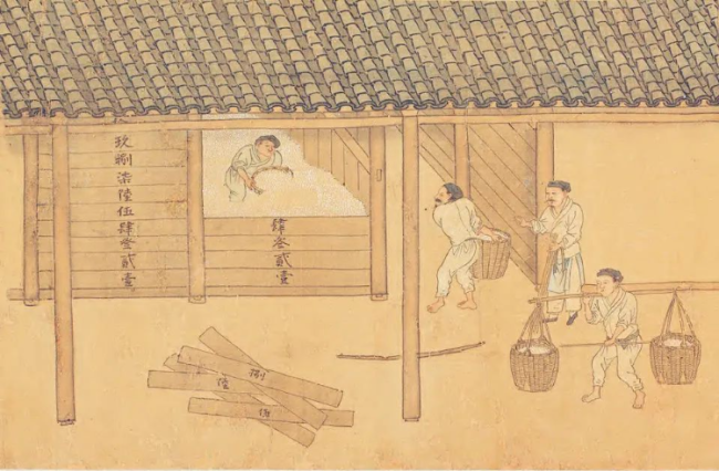 《耕稼图》（局部），元，绢本设色，纵26.7厘米，横505.4厘米，现藏美国大都会艺术博物馆，绘水稻生产的最后一个环节，稻米入仓贮藏的情形