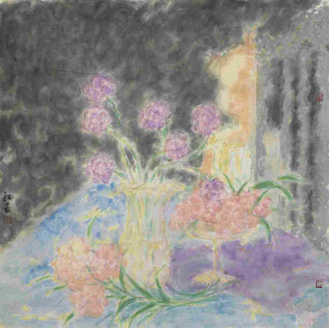 《桌边女孩6》纸本设色  69×69cm   韦红燕 2014年