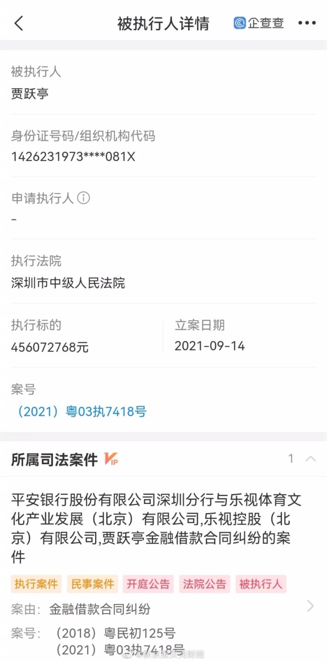 贾跃亭FF公司遭做空 累计被执行金额超94.8亿