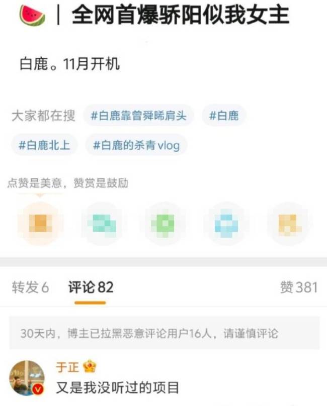 于正辟谣白鹿出演《骄阳似我》：没听过的名目 