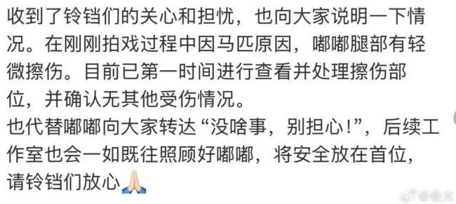 马匹受惊致陈都灵拍戏受伤？对接方：仅腿部擦伤