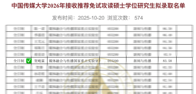 贺峻霖中国传媒大学成功保研 复试成绩83.58分
