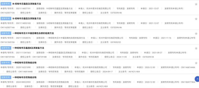 （中美华东围绕吲哚布芬申请的部分专利图源：国家知识产权局官网）