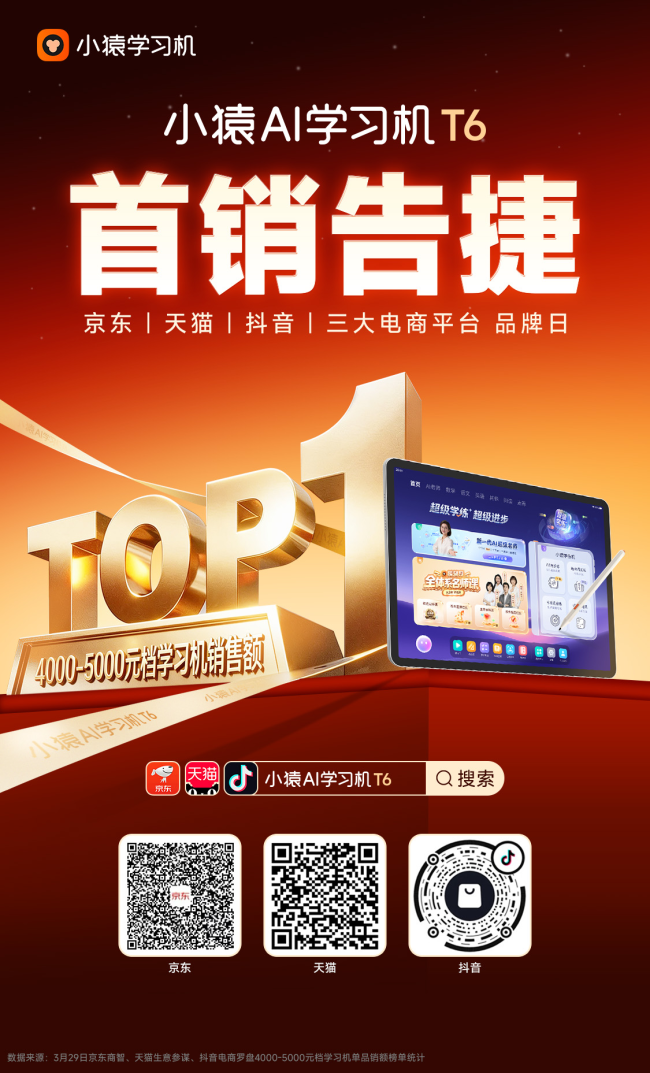 小猿AI学习机T6荣登三大电商平台4000-5000元档学习机销售额第一